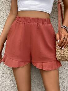 SHEIN VCAY Solid Ruffle Hem Shorts - Watermelon Pink - View 3