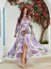 Floral Print Cut Out Split Hem Dress - Purple - View 1