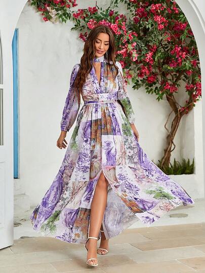 Blommigt Mönster Utskuren Fållen Slits Klänningar