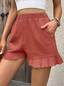 SHEIN VCAY Solid Ruffle Hem Shorts - Watermelon Pink - View 4
