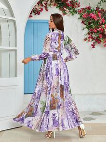 Floral Print Cut Out Split Hem Dress - Purple - View 2