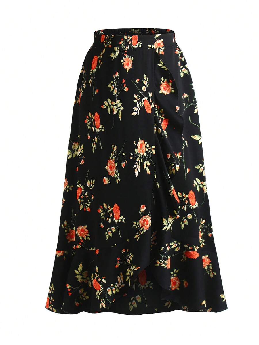 SHEIN LUNE Váy Plus Size Viên lá sen Trọn gói Tất cả trên in Thực vật Boho - màu đen - Xem 1