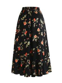 SHEIN LUNE Váy Plus Size Viên lá sen Trọn gói Tất cả trên in Thực vật Boho - màu đen - Xem 2