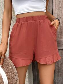 SHEIN VCAY Solid Ruffle Hem Shorts - Watermelon Pink - View 6
