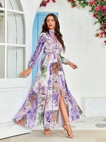 Floral Print Cut Out Split Hem Dress - Purple - View 4