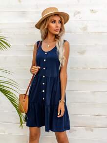 DEARCASE Đầm Viên lá sen Nút phía trước màu trơn Boho - Màu xanh hải quân - Xem 1