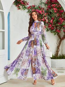 Floral Print Cut Out Split Hem Dress - Purple - View 5