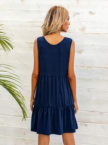 DEARCASE Đầm Viên lá sen Nút phía trước màu trơn Boho - Màu xanh hải quân - Xem 2