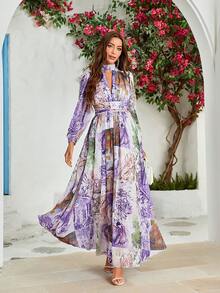 Floral Print Cut Out Split Hem Dress - Purple - View 6