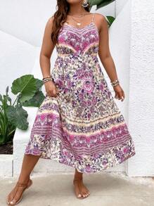 SHEIN Holidaya Đầm Plus Size Viên lá sen Hoa Tất cả trên in Boho - Nhiều màu - Xem 1