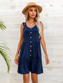 DEARCASE Đầm Viên lá sen Nút phía trước màu trơn Boho - Màu xanh hải quân - Xem 3