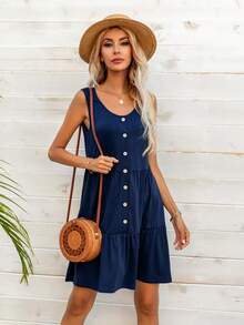 DEARCASE Đầm Viên lá sen Nút phía trước màu trơn Boho - Màu xanh hải quân - Xem 5
