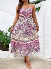 SHEIN Holidaya Đầm Plus Size Viên lá sen Hoa Tất cả trên in Boho - Nhiều màu - Xem 3
