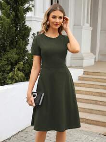 Solid A-line Dress - Army Green - View 3