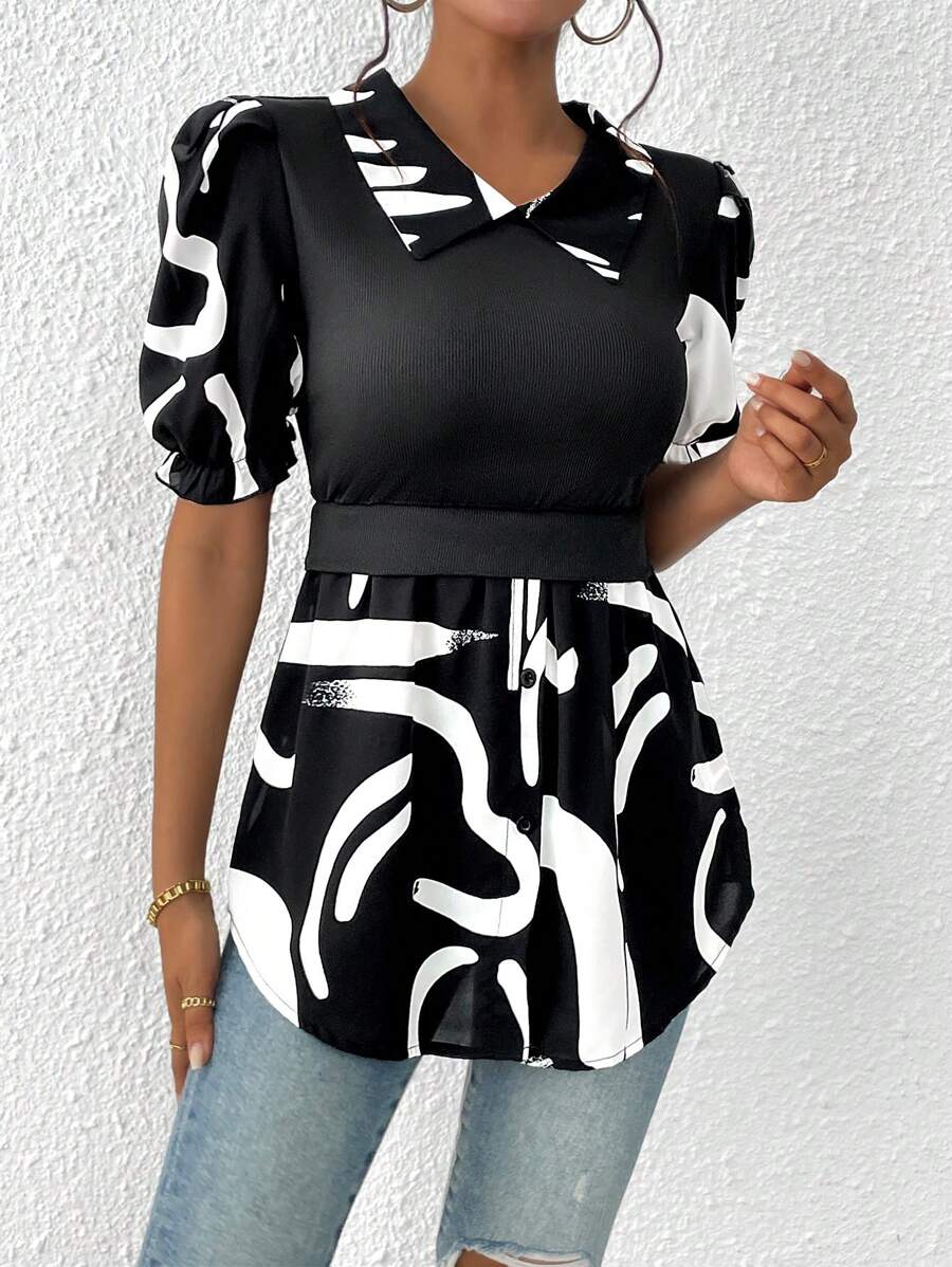 SHEIN LUNE Graphic Print Puff Sleeve Peplum Top - Black and White - View 1