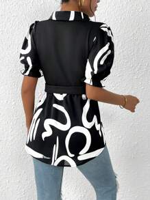 SHEIN LUNE Graphic Print Puff Sleeve Peplum Top - Black and White - View 2