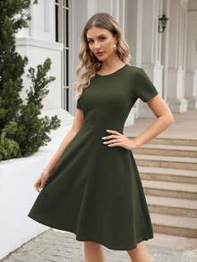 Solid A-line Dress - Army Green - View 5