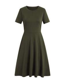 Solid A-line Dress - Army Green - View 6