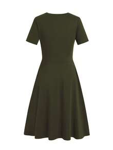 Solid A-line Dress - Army Green - View 7