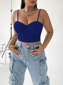 SHEIN Allurite Áo hai dây Plus Size màu trơn Giải trí - Xanh đậm - Xem 3