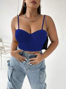 SHEIN Allurite Áo hai dây Plus Size màu trơn Giải trí - Xanh đậm - Xem 6