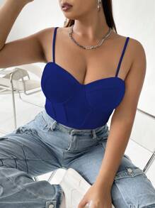 SHEIN Allurite Áo hai dây Plus Size màu trơn Giải trí - Xanh đậm - Xem 7