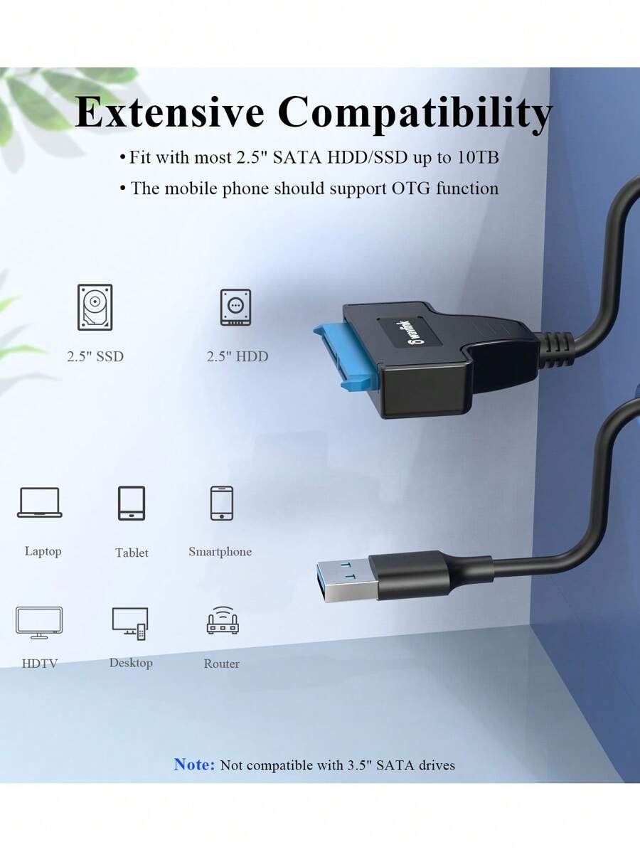 Cable convertidor de SATA a USB 3.0 para discos duros HDD y unidades SSD de 2.5 pulgadas, con velocidad de hasta 5Gbps para uso externo - Negro - Ver 1
