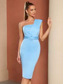 ADYCE One Shoulder Buckle Belted Cocktail Dress - Baby Blue - View 1