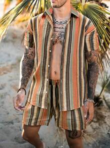Manfinity RSRT Men Cotton Striped Shirt & Drawstring Waist Shorts Without Tee , Linen , Vacation , Colorful , Boyfriend Gift , Casual