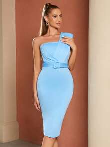 ADYCE One Shoulder Buckle Belted Cocktail Dress - Baby Blue - View 5
