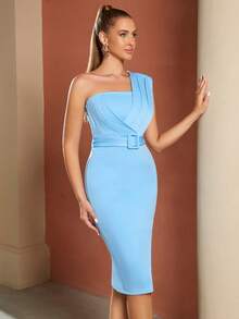 ADYCE One Shoulder Buckle Belted Cocktail Dress - Baby Blue - View 6