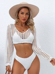Hollow Out Crop Crochet Cover Up Top - White - View 3