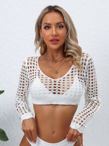 Hollow Out Crop Crochet Cover Up Top - White - View 5