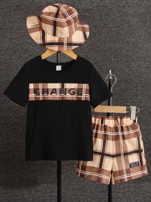 SHEIN 年輕男孩格子字母印花t恤短褲帽子套裝