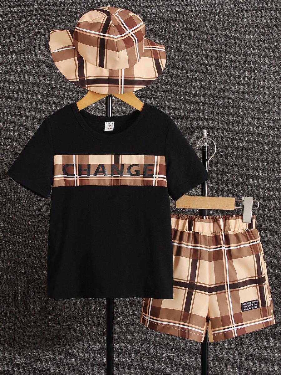 SHEIN 年輕男孩格子字母印花t恤短褲帽子套裝