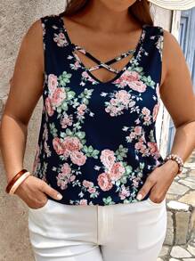 EMERY ROSE Plus Floral Print Crisscross Front Tank Top, Summer,Flower/Vacation/Spring - Multicolor - View 6