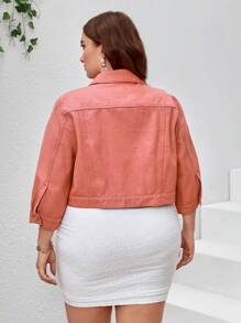 大碼翻蓋口袋短款牛仔夾克 - 粉色 - 查看 2