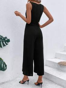 SHEIN Clasi 素色前圍裹闊腿連體褲不附腰帶 - 黑色 - 查看 2