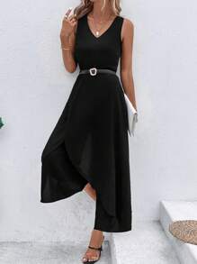 SHEIN Clasi 素色前圍裹闊腿連體褲不附腰帶 - 黑色 - 查看 5