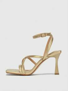 Women Metallic Pyramid Heeled Ankle Strap Sandals, Glamorous Gold Sandals