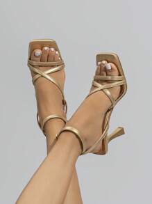 Women Metallic Pyramid Heeled Ankle Strap Sandals, Glamorous Gold Sandals