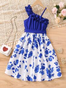 SHEIN 女孩印花荷葉邊不對稱領繫腰帶連衣裙 - 藍白色 - 查看 2