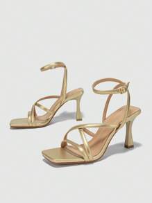 Women Metallic Pyramid Heeled Ankle Strap Sandals, Glamorous Gold Sandals
