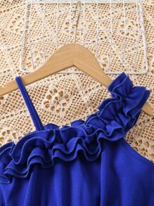 SHEIN 女孩印花荷葉邊不對稱領繫腰帶連衣裙 - 藍白色 - 查看 3