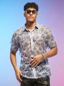 FeverCity Men Sequin Sheer Loose Shirt - Light Grey - View 1