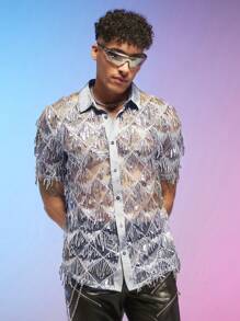 FeverCity Men Sequin Sheer Loose Shirt - Light Grey - View 4