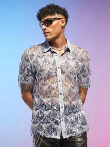 FeverCity Men Sequin Sheer Loose Shirt - Light Grey - View 5