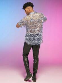 FeverCity Men Sequin Sheer Loose Shirt - Light Grey - View 7