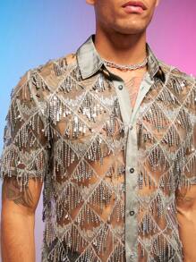 FeverCity Men Sequin Sheer Loose Shirt - Light Grey - View 8