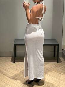 SHEIN ICON Vestido unicolor de cuello halter de espalda abierta de muslo con abertura - Blanco - Ver 3